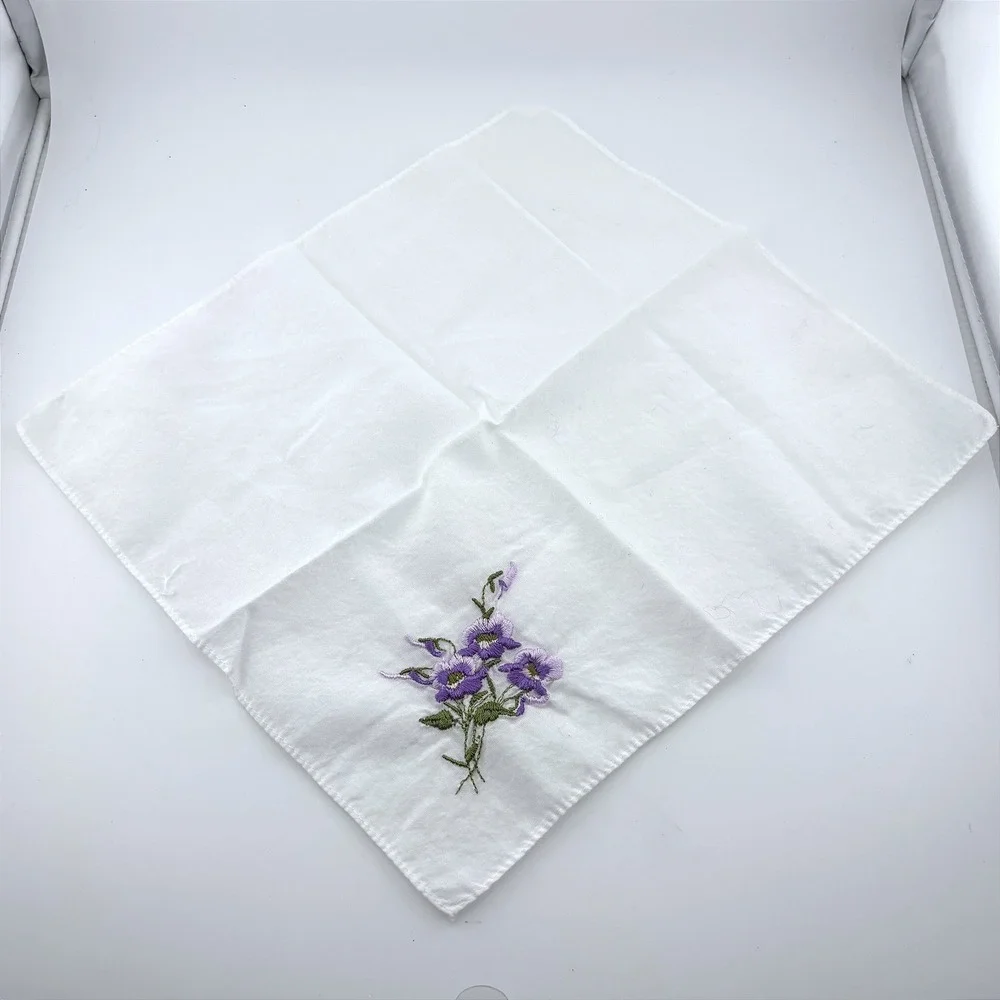 Vintage White Cotton Handkerchiefs Set of 2 Purple Floral Embroidery Square